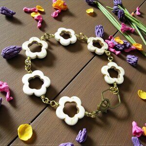 White Flower Bracelet, Carved Magnasite, Honey Bee Collection